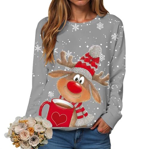 Women's Christmas Reindeer Snowflake Print Crewneck Sweatshirt