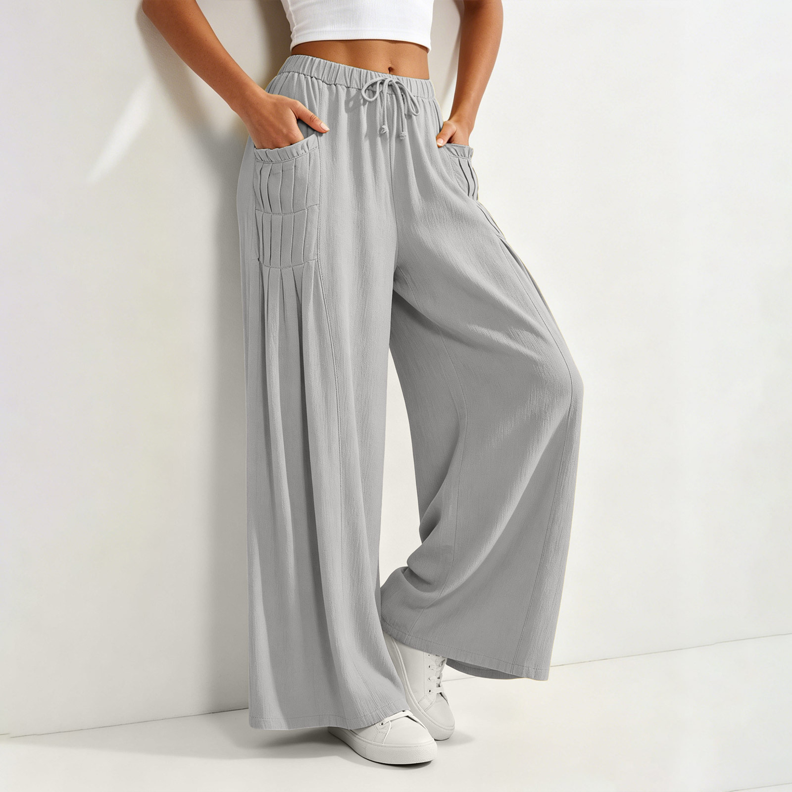 Women's Cotton-Linen Wide-Leg Pants High Waist Pleated Pockets