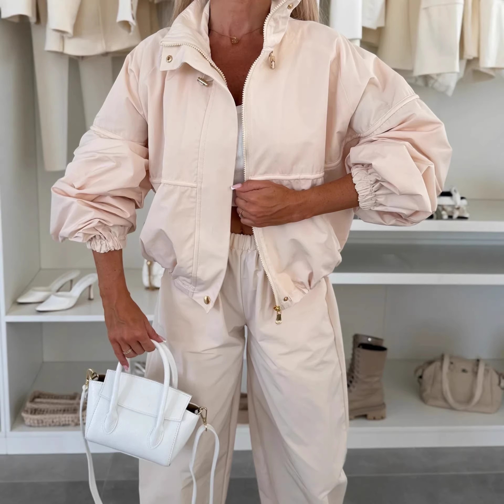 Women's Solid Color Zip-Up Collared Cardigan and Jogger Pants Two-Piece Set