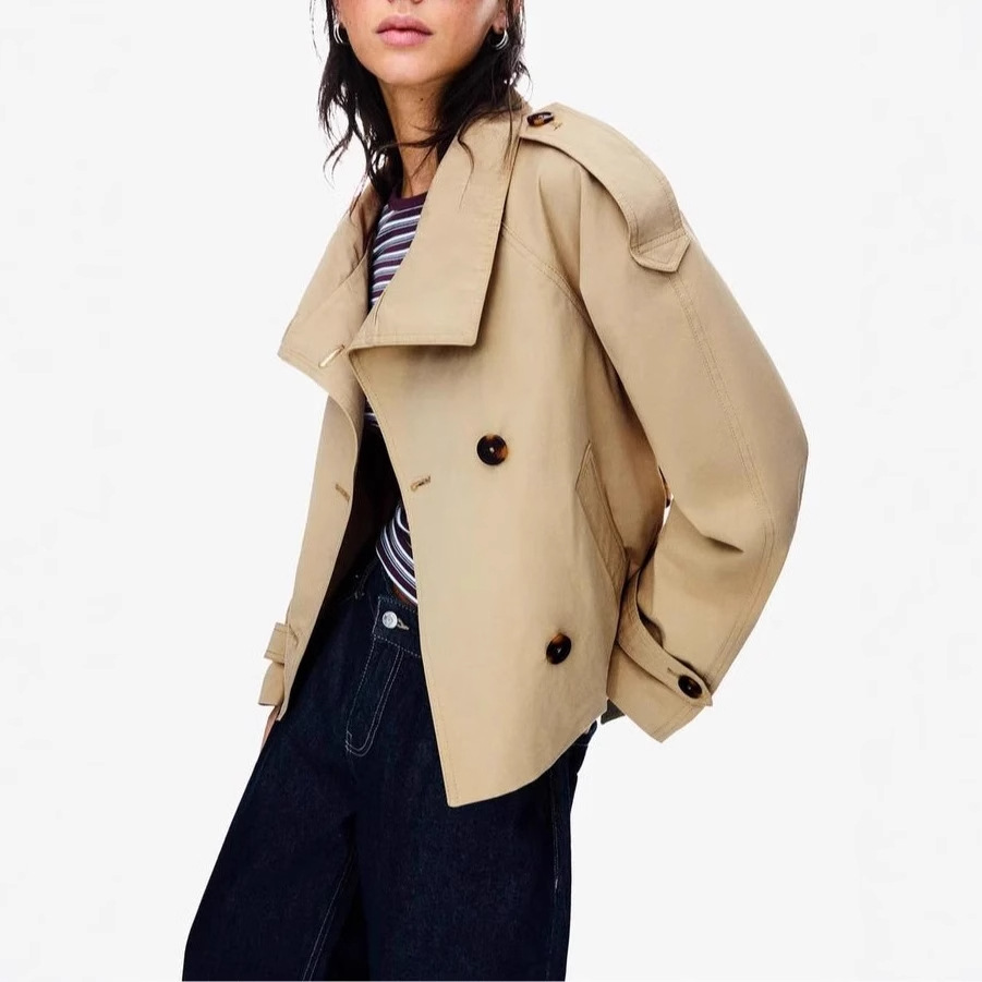 Women's Stand Collar Double-Breasted Belted Trench Coat
