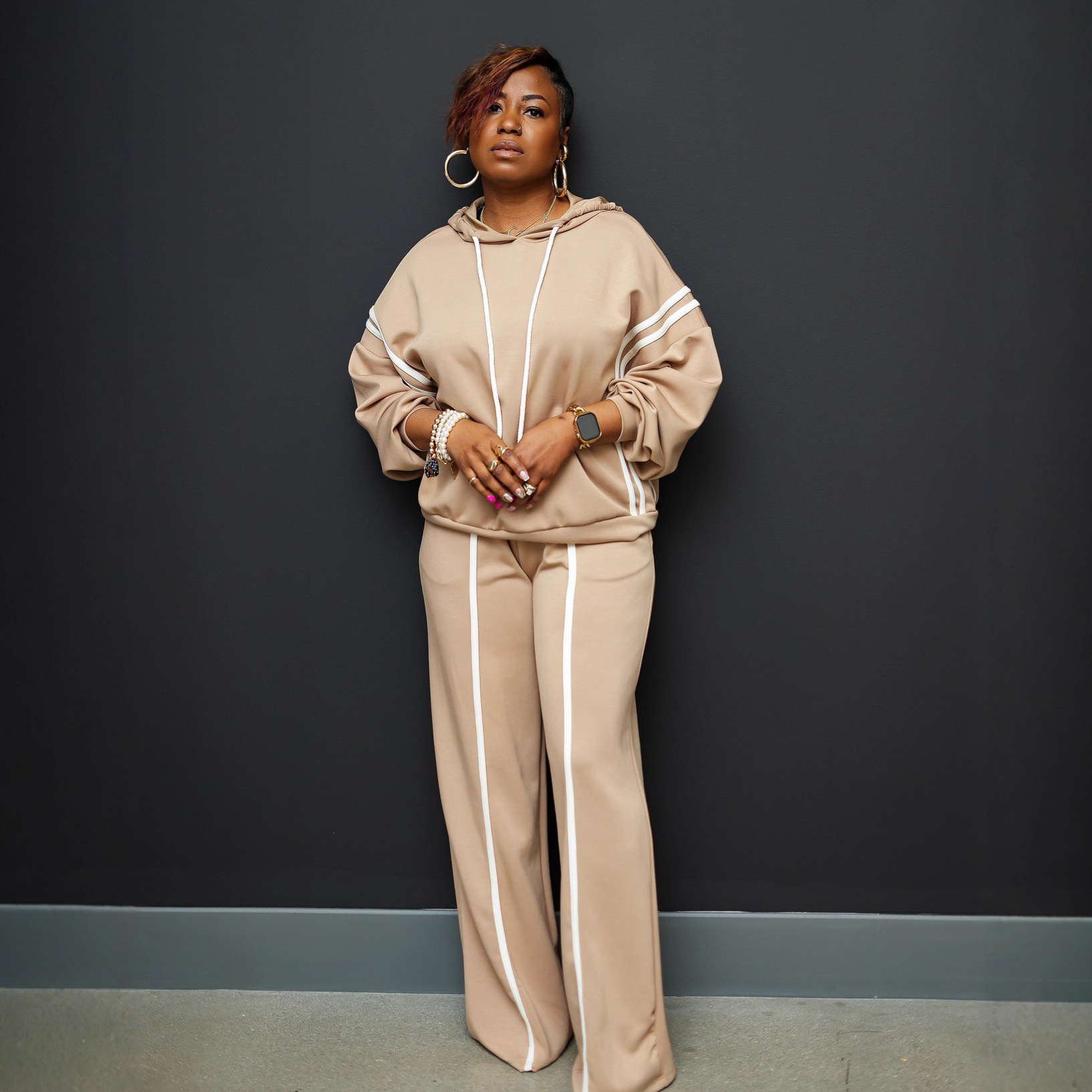 Women's Striped Hooded Sweatsuit Two-Piece Set