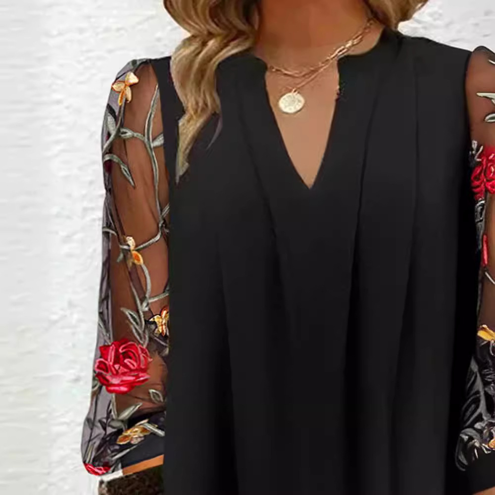 V-Neck Long Sleeve Sheer Floral Pleated Midi Dress