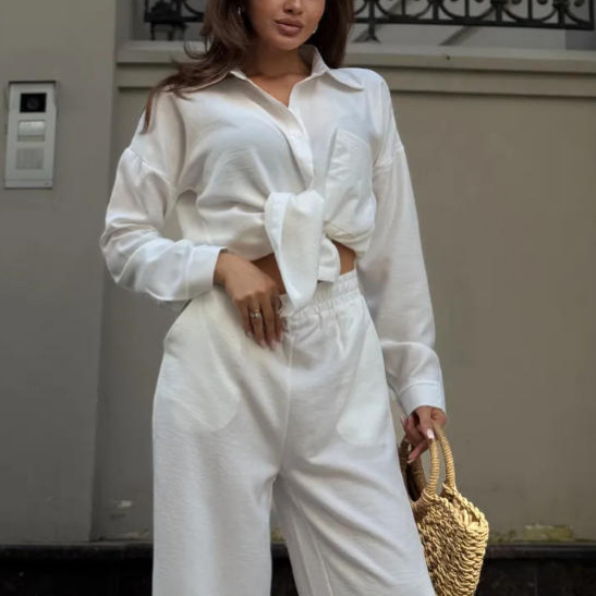 Women's Loose Long-Sleeve Top & Wide-Leg Pants Two-Piece Casual Set