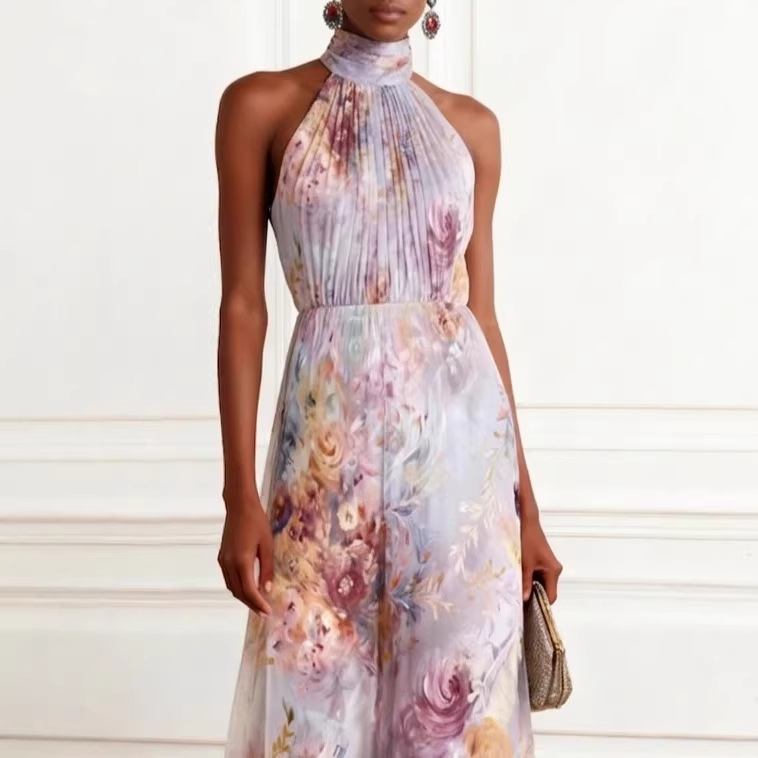 Halter Print Sleeveless Maxi Dress – Flowy Chiffon Evening Gown