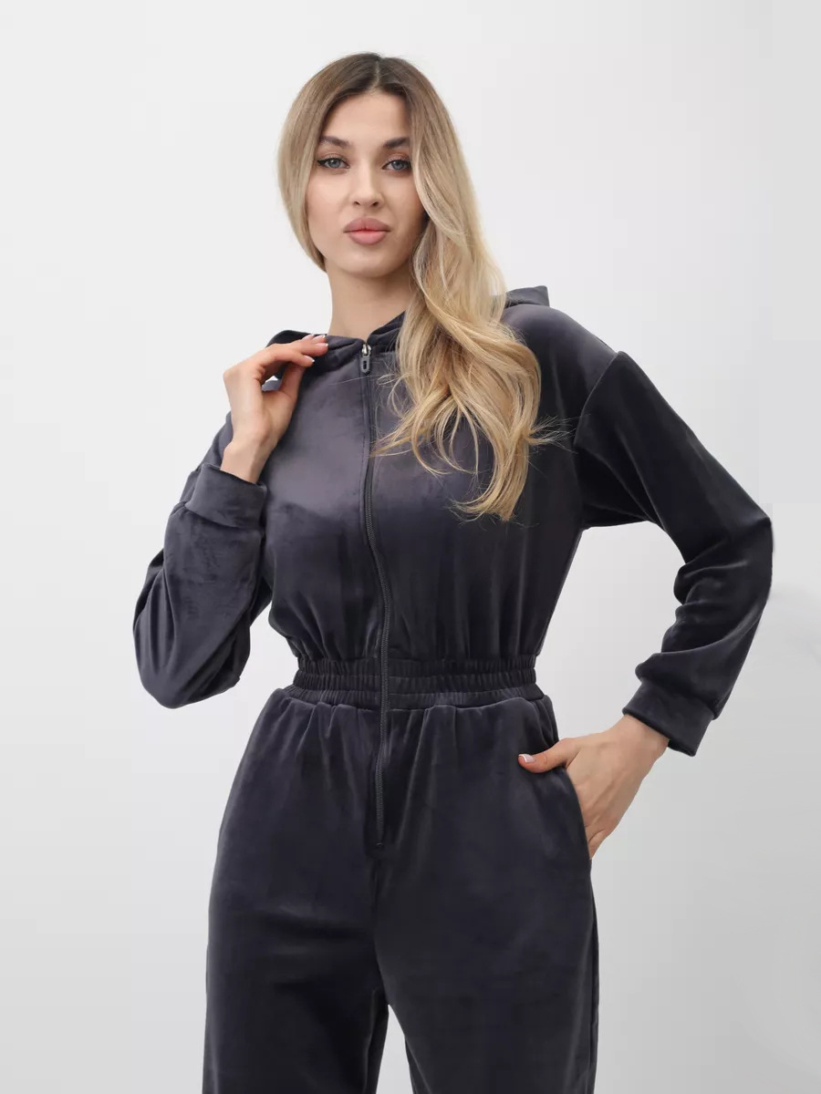 Women's Velvet Long Sleeve Jumpsuit with Half Placket and Elastic Waist