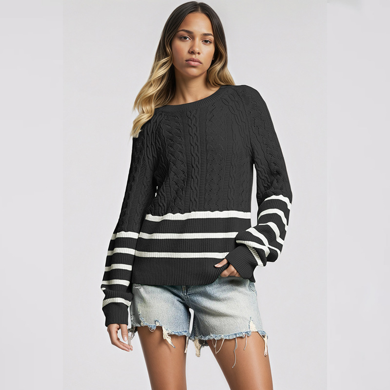 Women's Cable Knit Striped Crewneck Sweater Loose Fit Long Sleeve