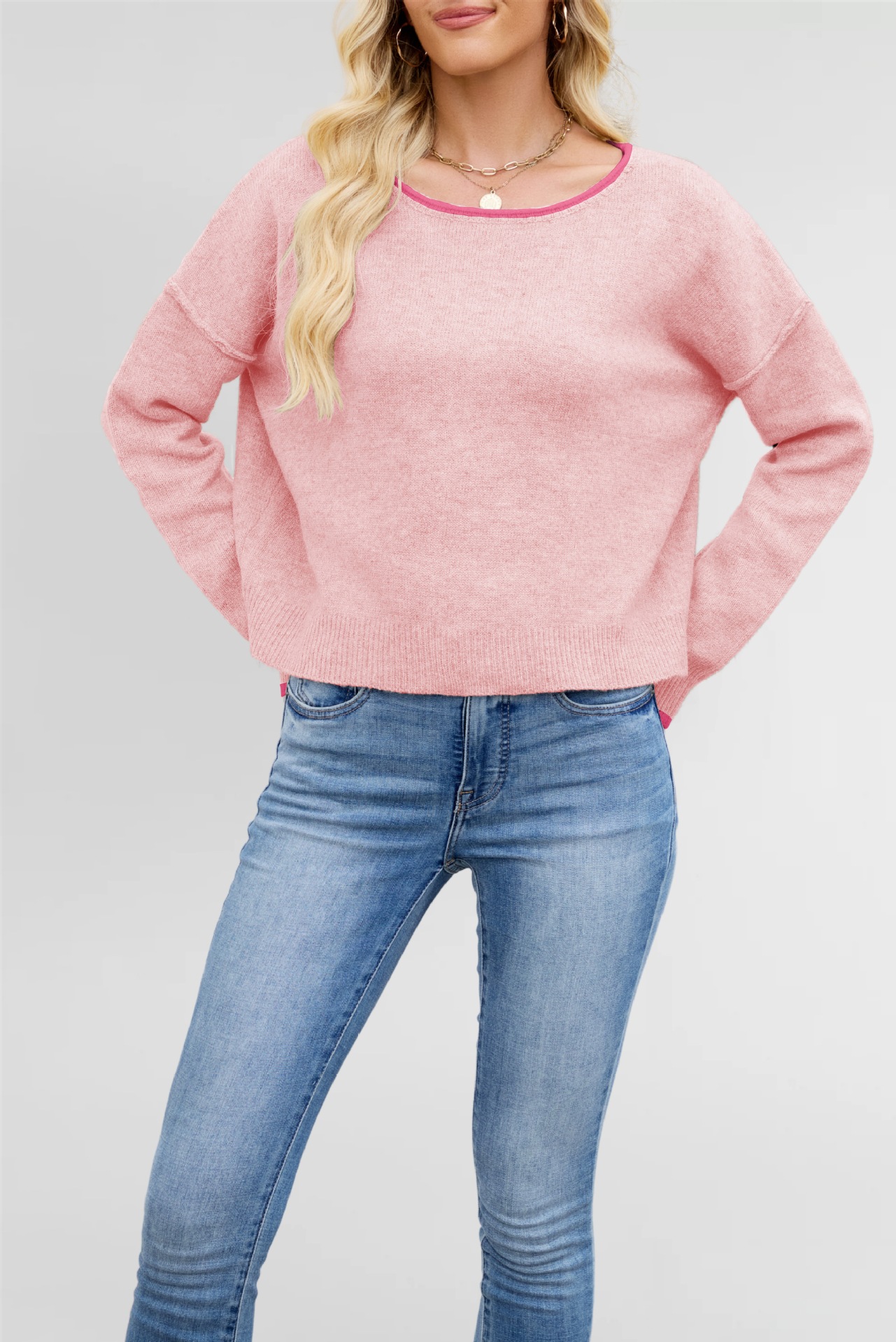 Women's Color-Block Crewneck Knit Sweater Loose Pullover