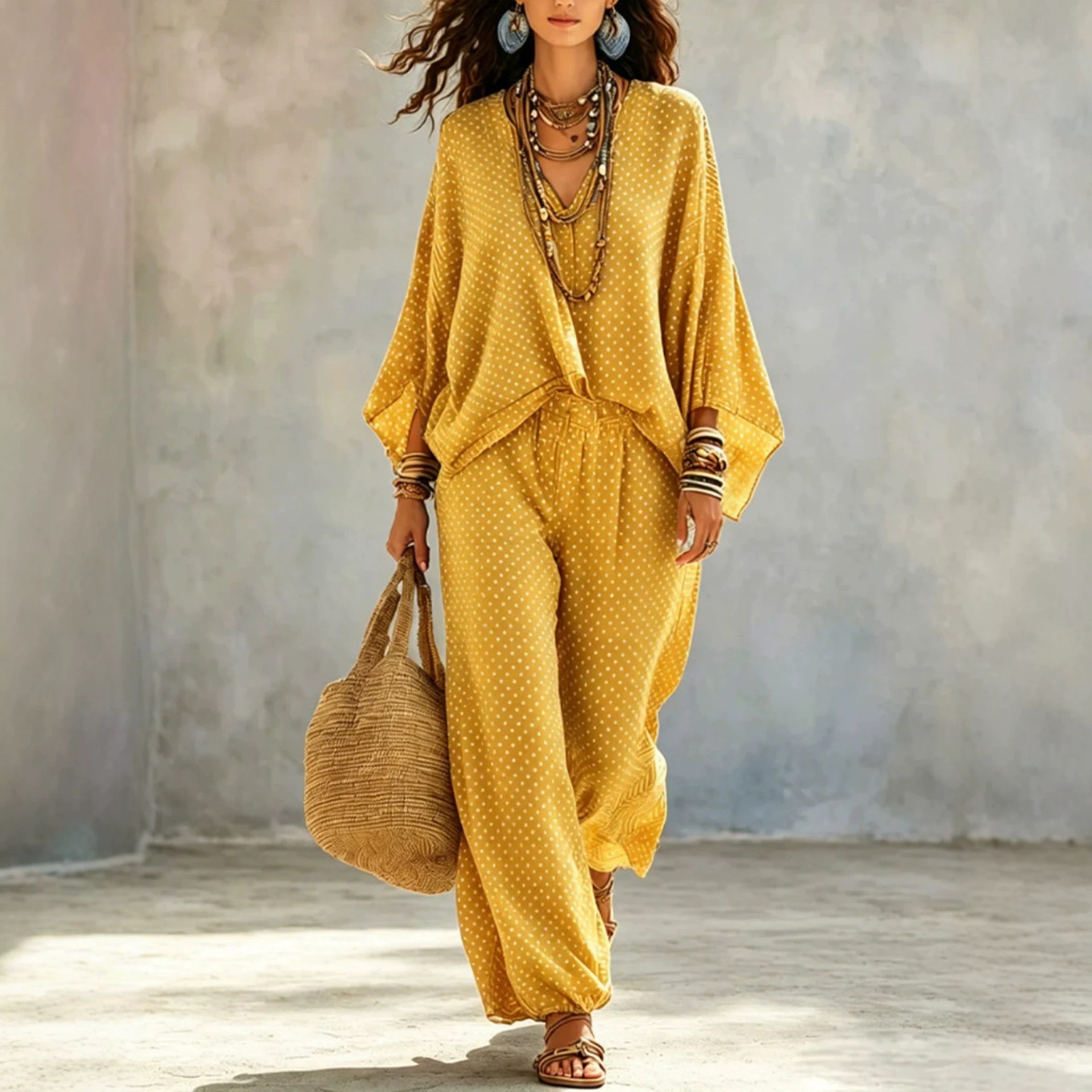 Women's Vintage Print Batwing Sleeve Top and Jogger Pants Set