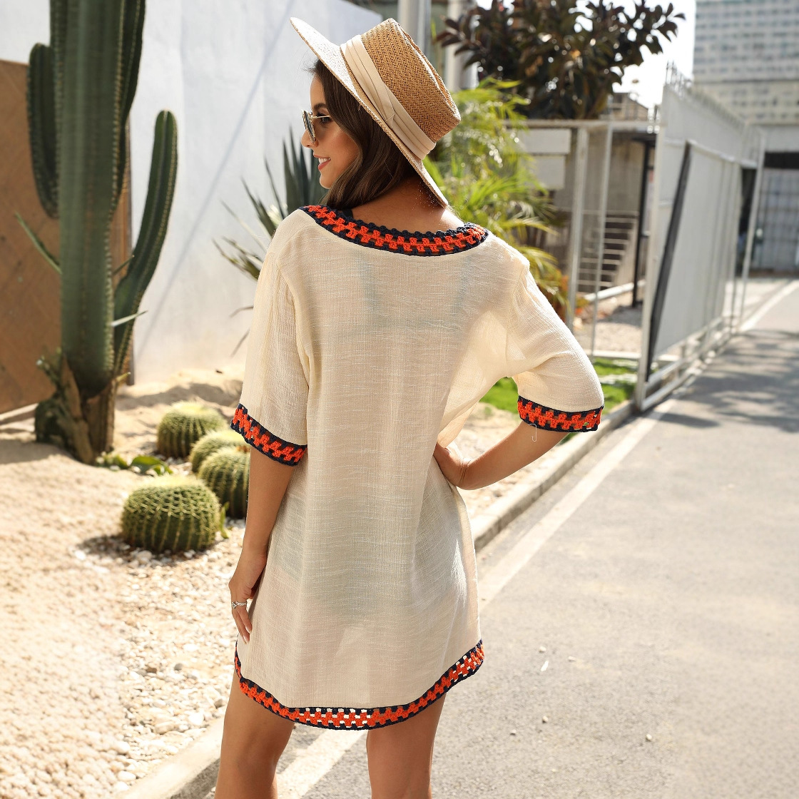 Women's Crochet Hollow-Out V-Neck Short Sleeve Colorblock Loose Beach Cover-Up