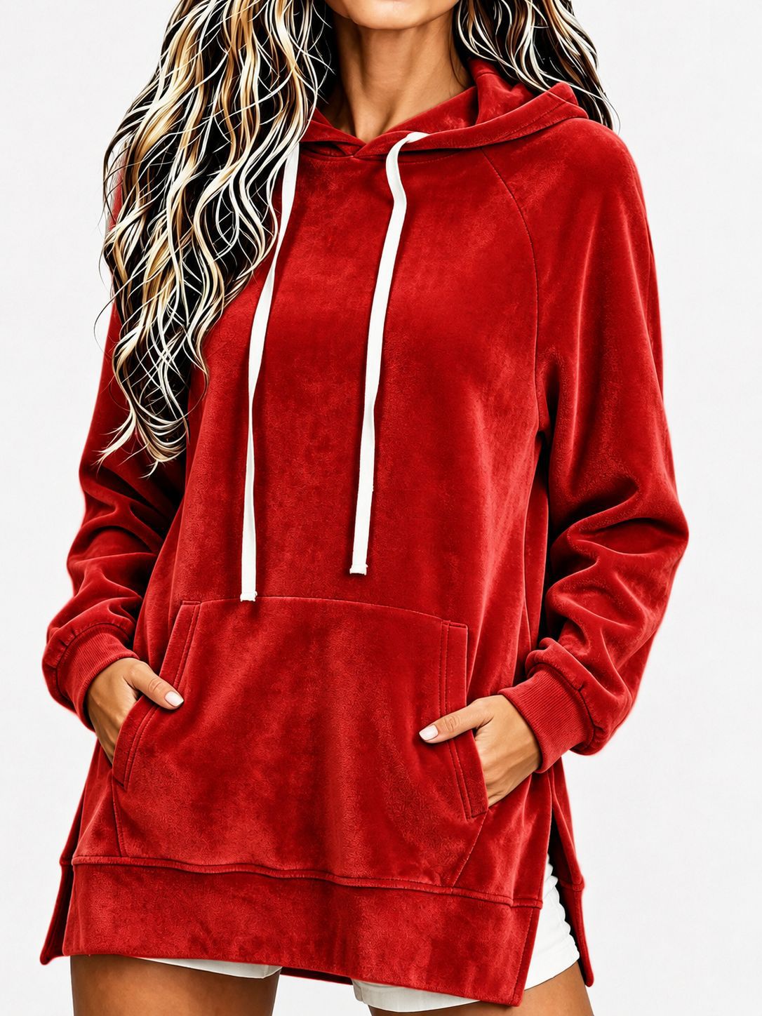 Women's Velvet Hooded Loose Mid-Length Pocket Sweatshirt