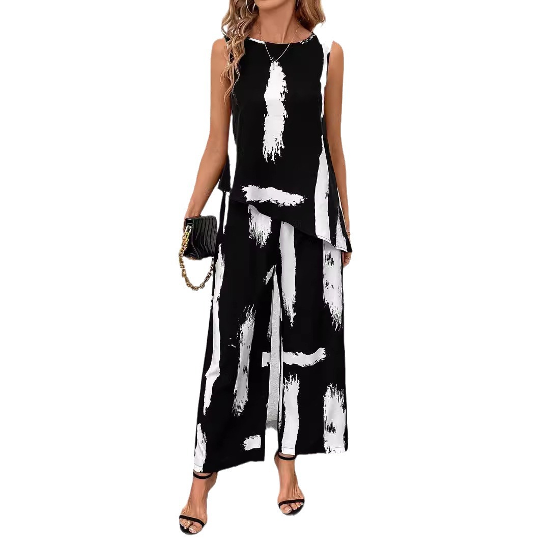Women's Casual Sleeveless Printed Top and Straight-Leg Pants Set