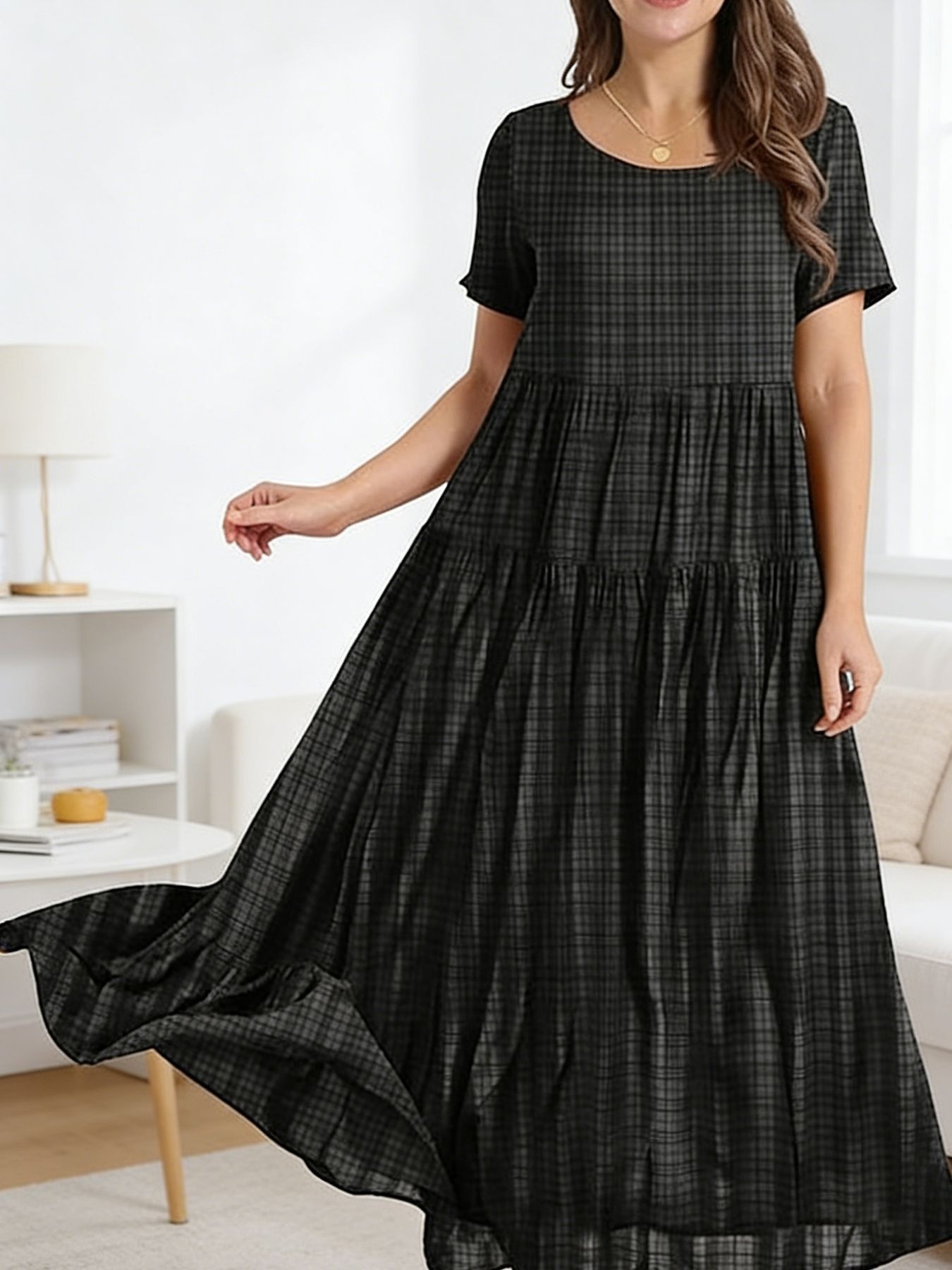 Women's Plaid Round Neck Short Sleeve Tiered A-Line Dress Loose Fit