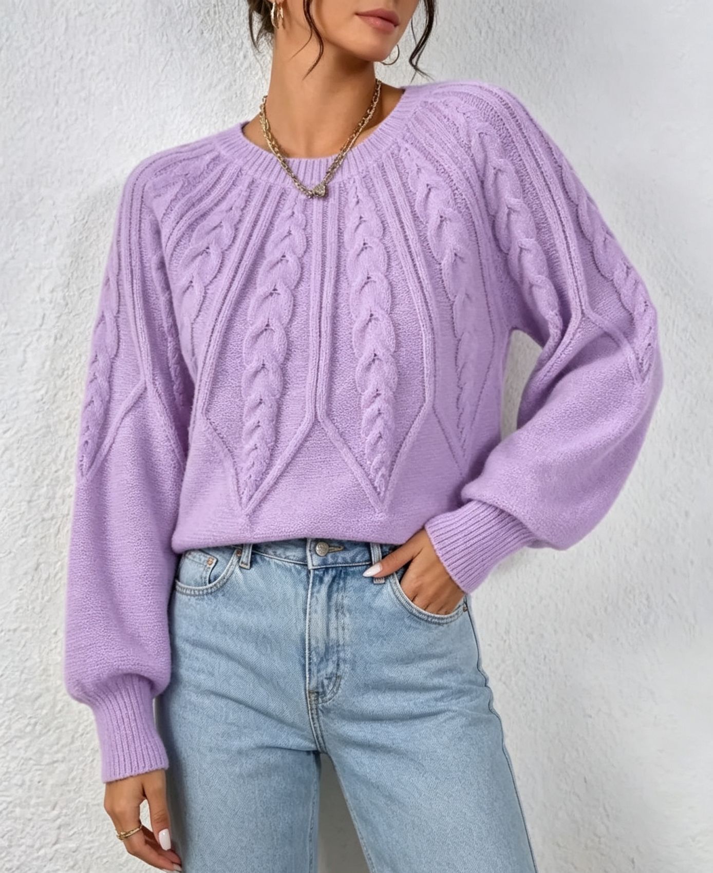Women's Cable-Knit Crewneck Pullover Sweater Long-Sleeve Solid Color