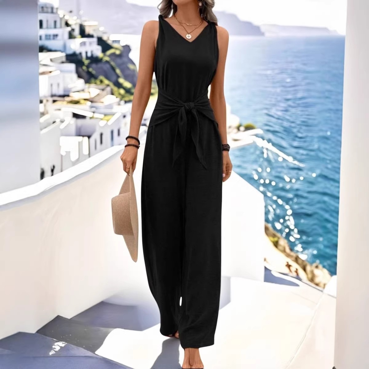 V-Neck Sleeveless Twist Wide-Leg Jumpsuit