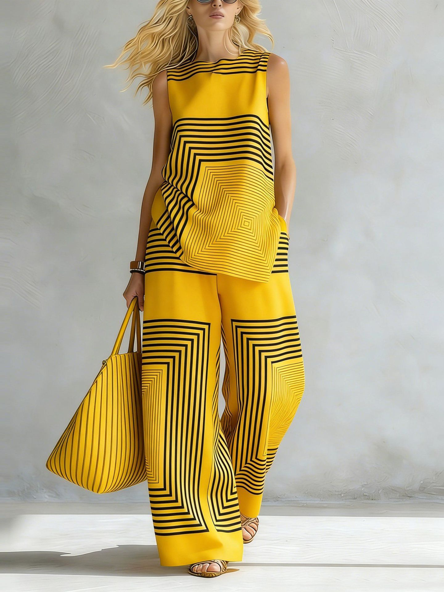 Women's Lightweight Geometric Sleeveless Top and Wide-Leg Pants Set