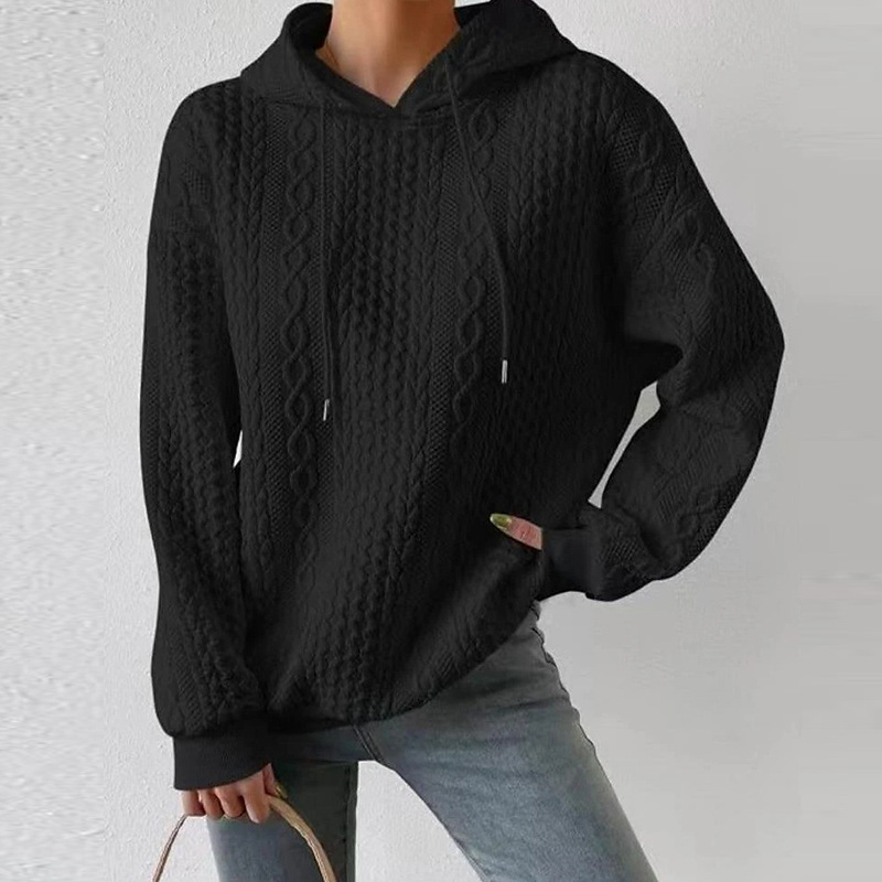 Plus Size Jacquard Hooded Lace-Up Long Sleeve Knit Sweatshirt