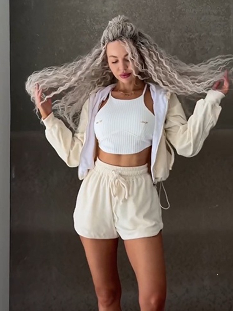 Women's Velvet Zip-Up Hooded Cardigan and Shorts Set with Pockets