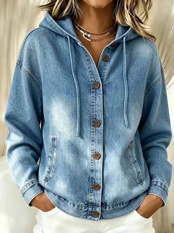 Women's Washed Denim Hooded Bomber Jacket Casual Long Sleeve