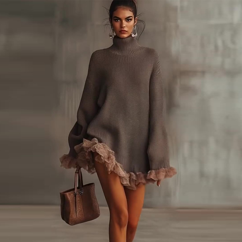 Gray Knit Turtleneck Ruffle Spliced Long-Sleeve Sweater