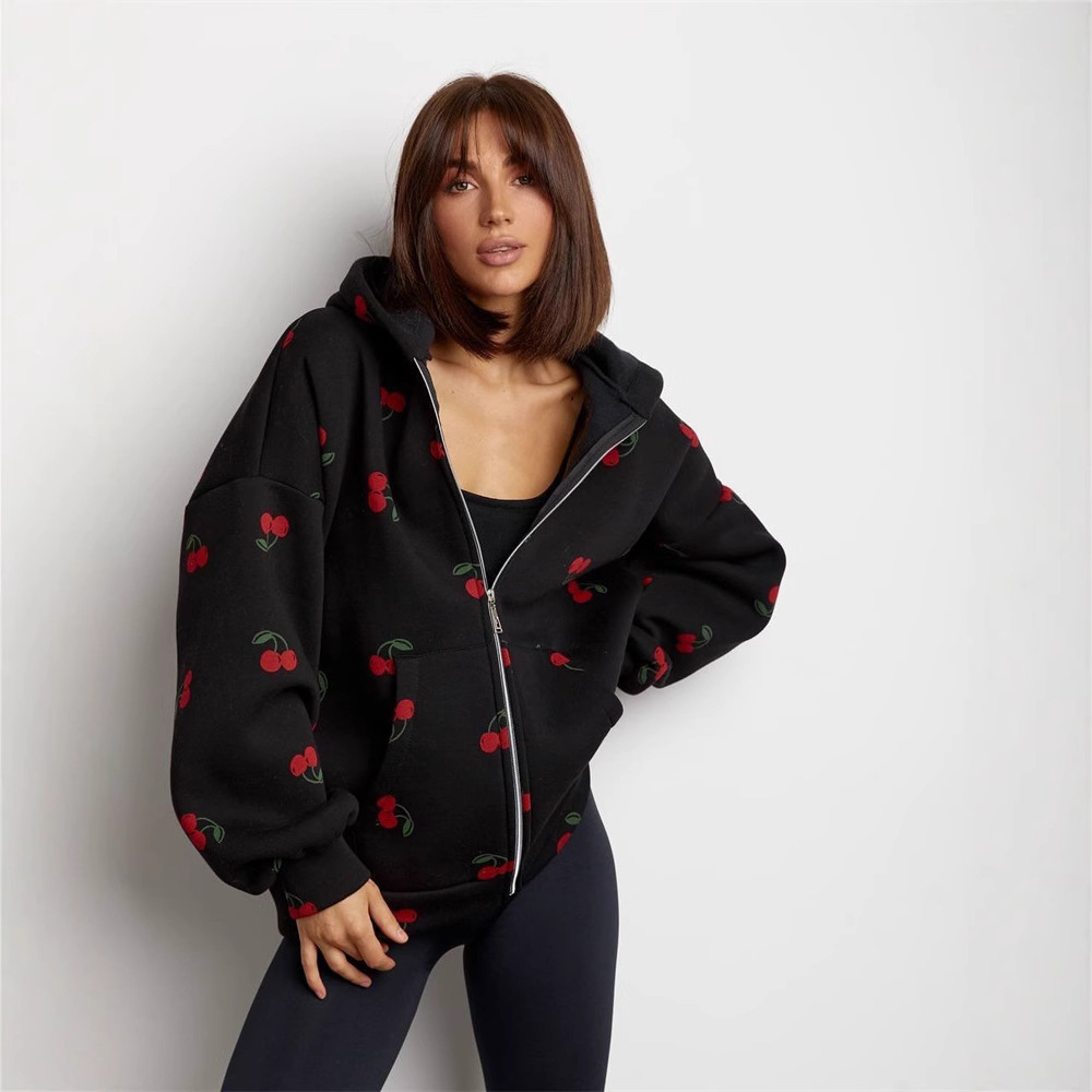 Cherry Print Hooded Zip-Up Sweatshirt Jacket