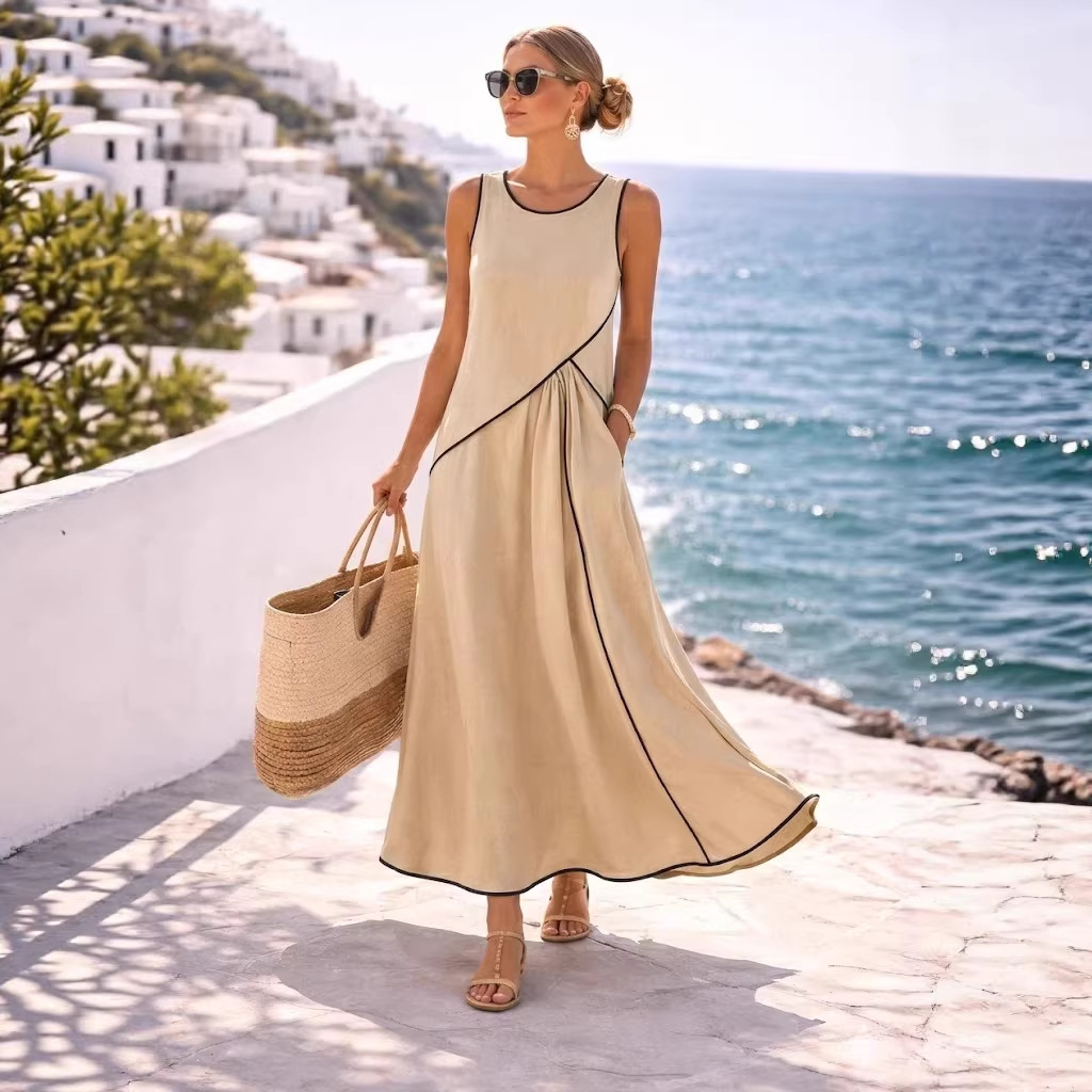 Mediterranean Vacation A-Line Dress with Contrast Trim
