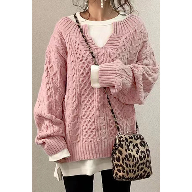Cable-Knit Loose-Fit V-Neck Women's Sweater