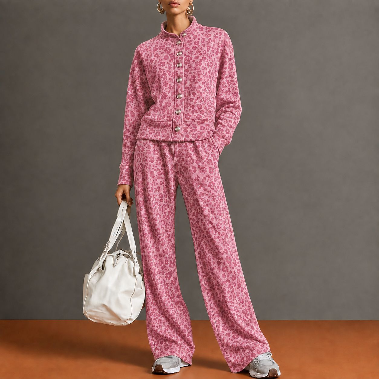 2026 Fall/Winter European and American Cross-Border Women's Vintage Leopard Print Stand Collar Single-Breasted Jacket Wide-Leg Pants Casual Set for Women