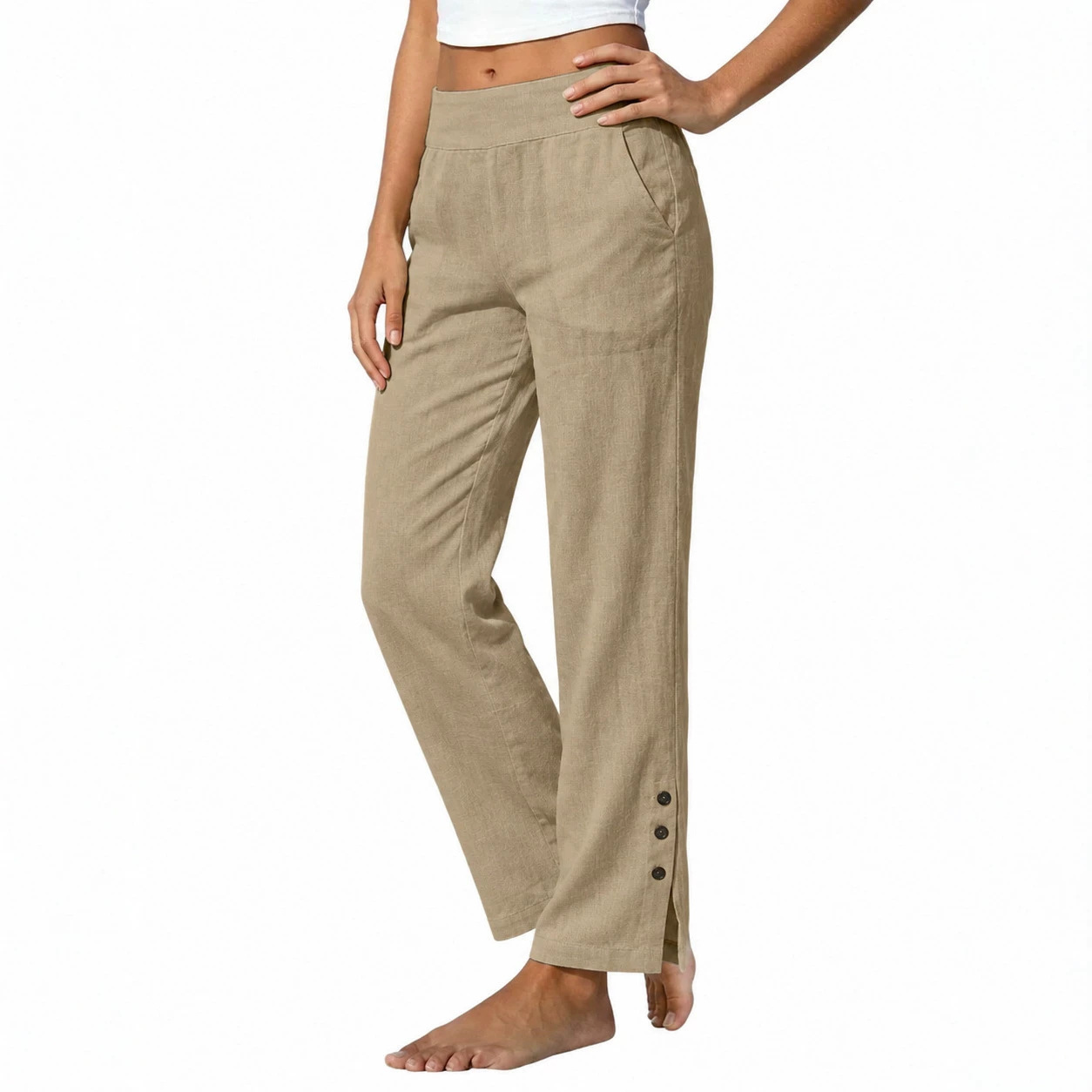 Women's Cotton Linen High Waist Wide Leg Pants with Side Slit Buttons