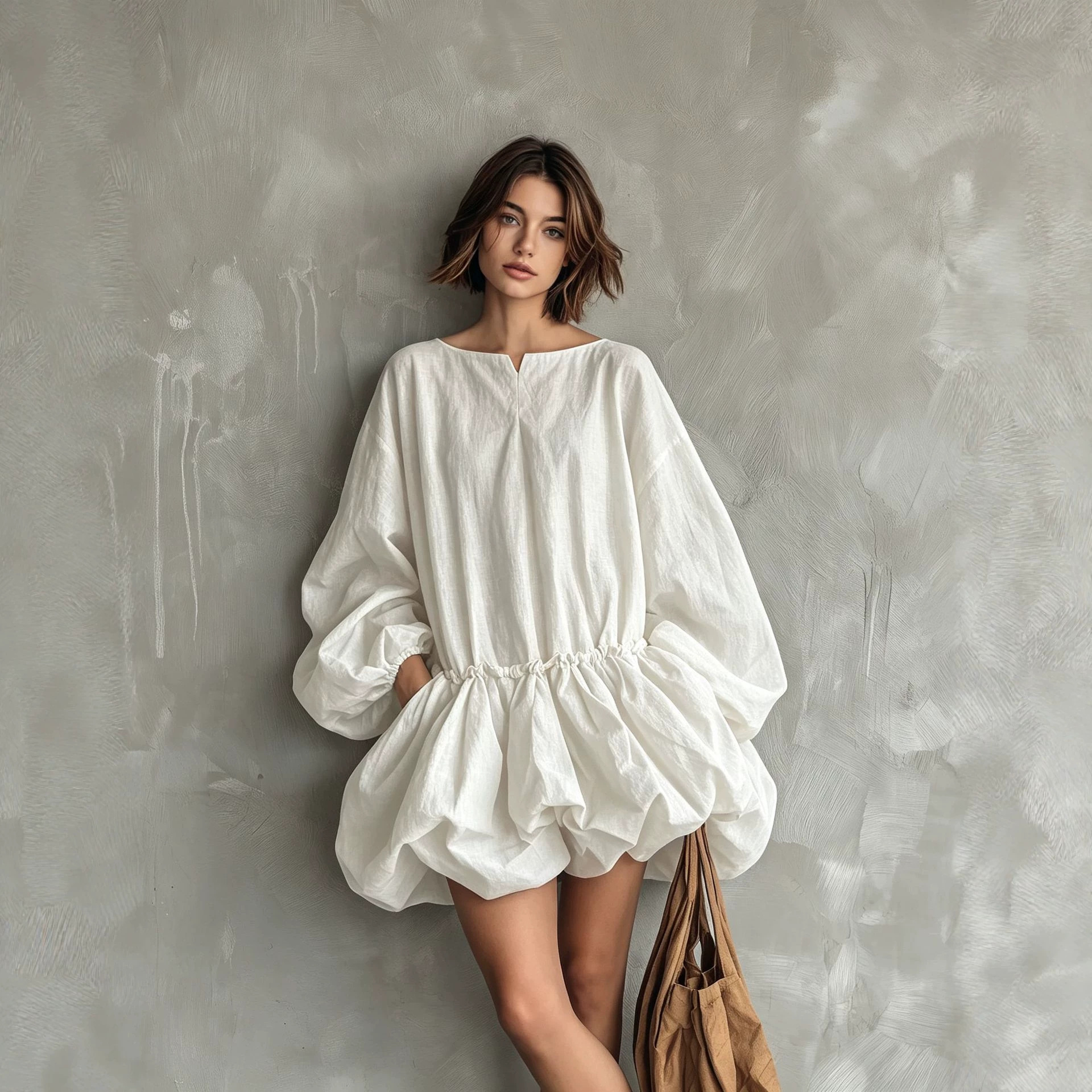 Solid Color Round Neck Puff Sleeve Long Sleeve Waist-Cinched Bubble Dress