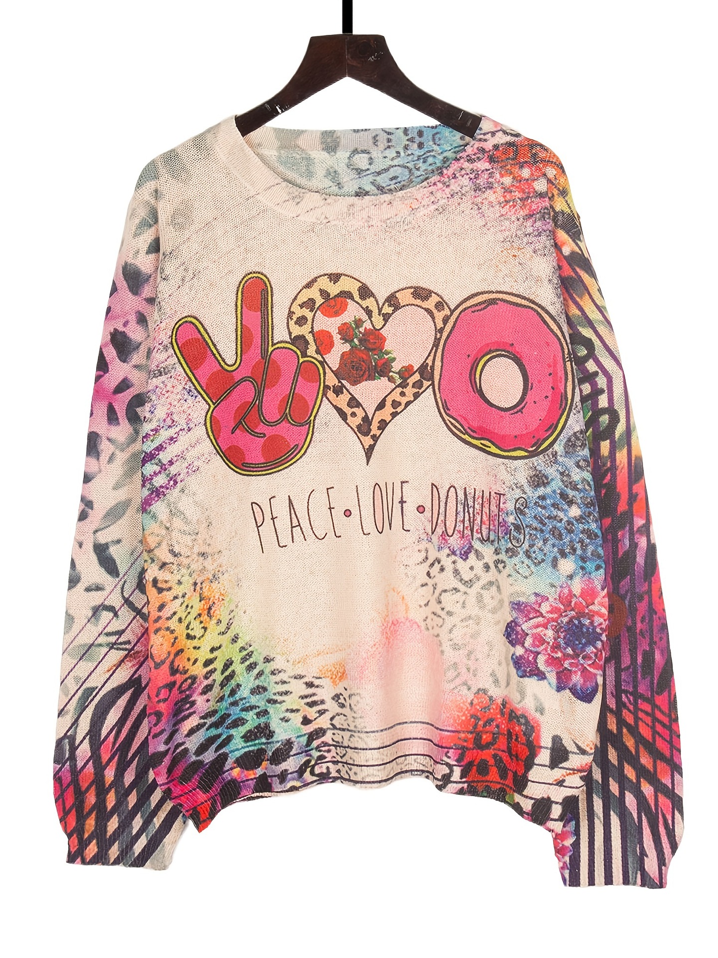 Elegant Butterfly Print Knit Pullover Sweater Long Sleeve Crew Neck Color Block