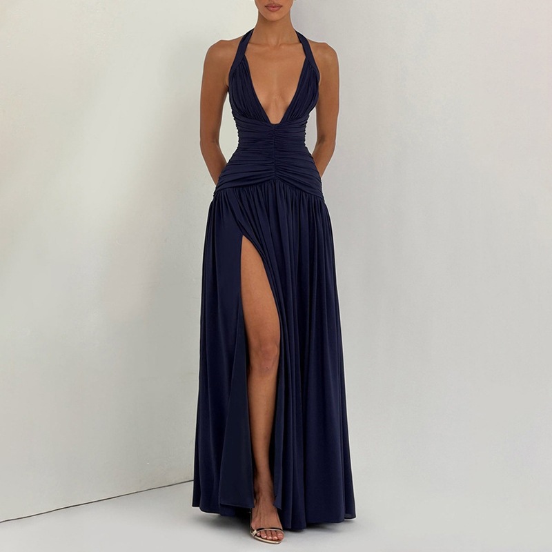 French-Style Deep V Slit Solid Color Dress