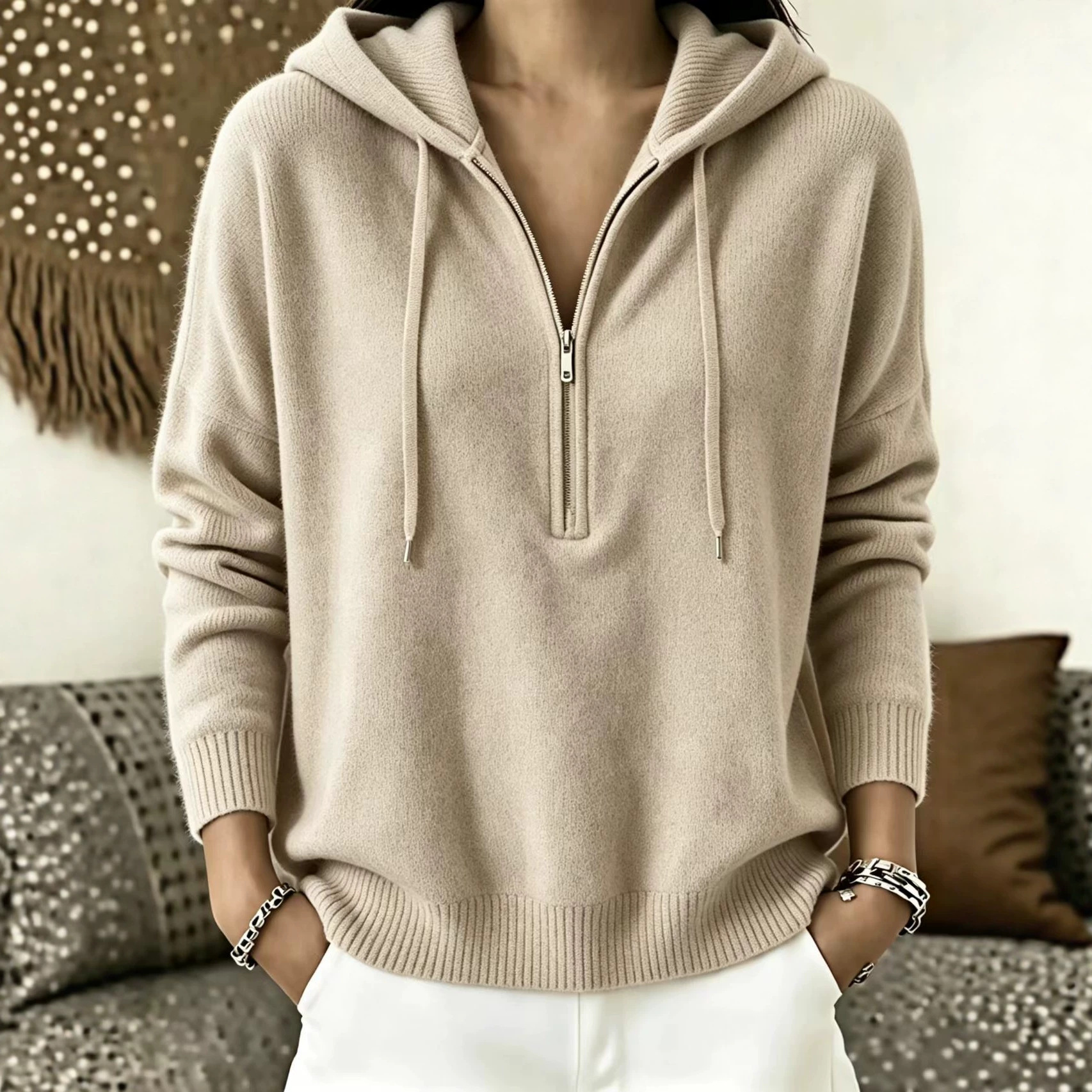 Women's Half-Zip Hooded Sweater Solid Color Loose Fit Pullover