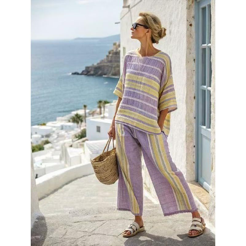 Bohemian Print Crewneck Short Sleeve Top and Pants Casual Set