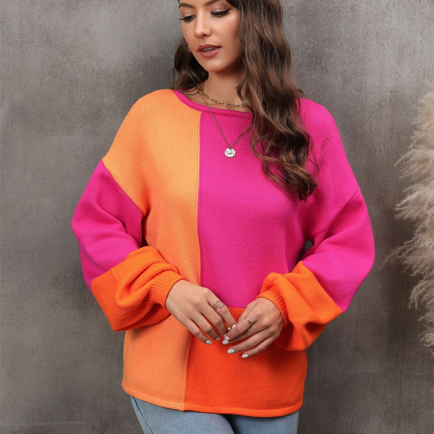 Plus Size Patchwork Turtleneck Knit Sweater