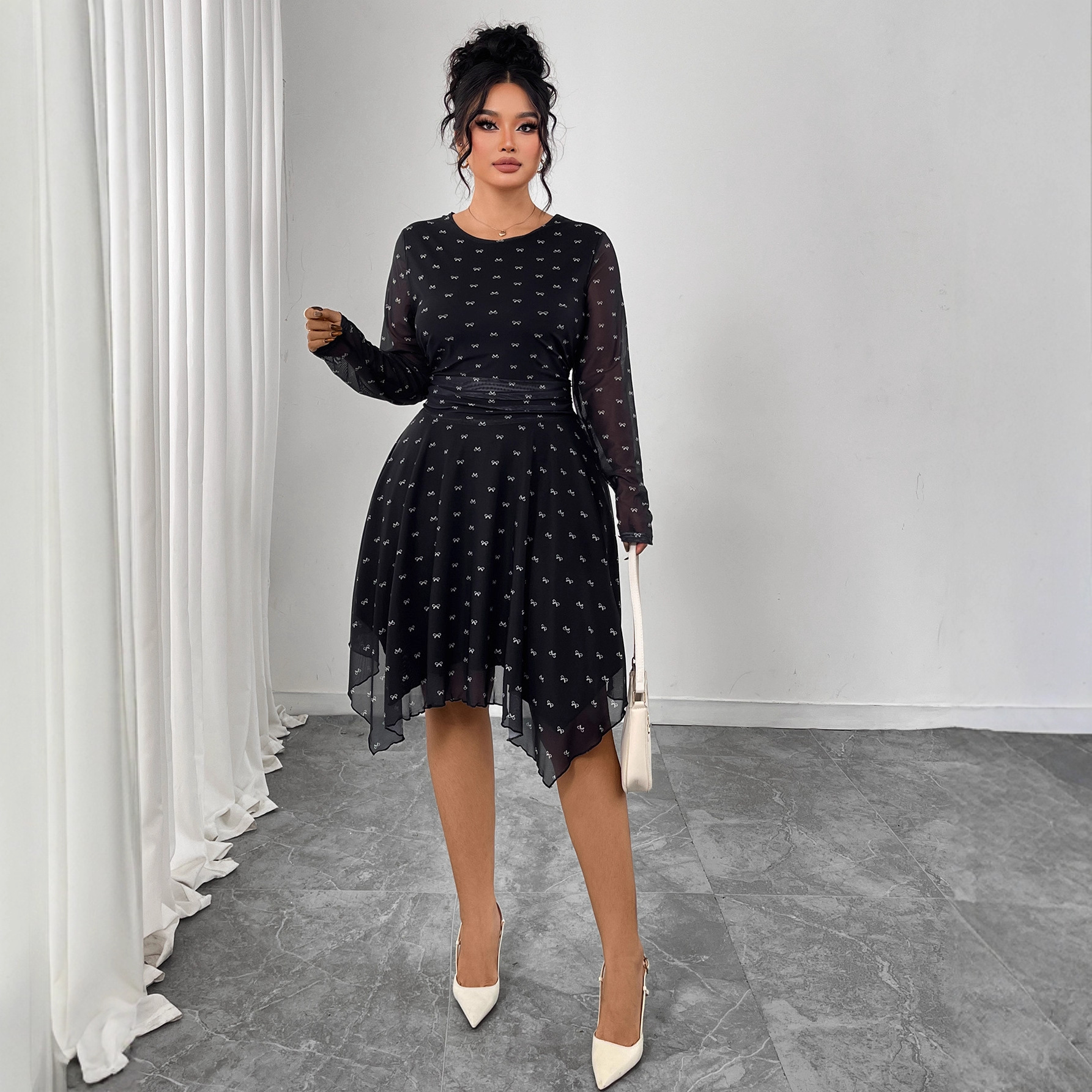Bow Print A-Line Little Black Dress Hepburn Style Chiffon Midi