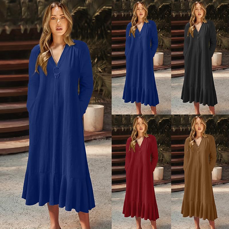 Women's Solid V-Neck Tie Long Sleeve A-Line Long Dress