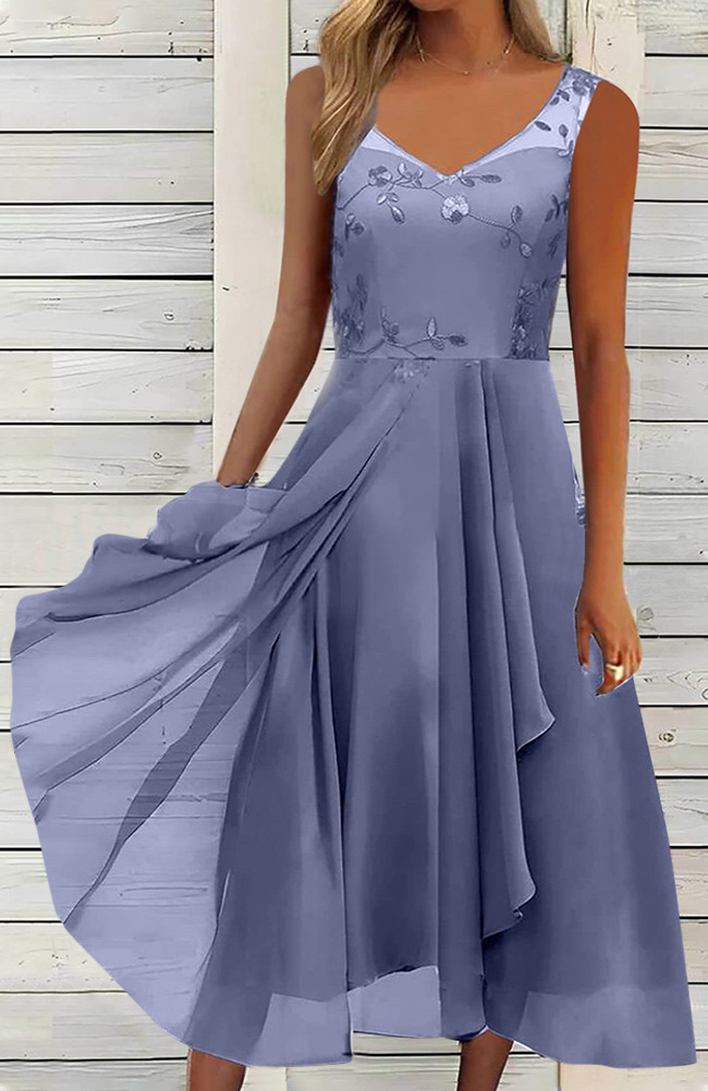Sleeveless Chiffon Dress with Mesh Lace Panels and High-Low Hem