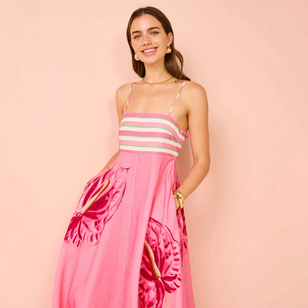 Women's High-Waist Printed Cami Dress with Flared Skirt