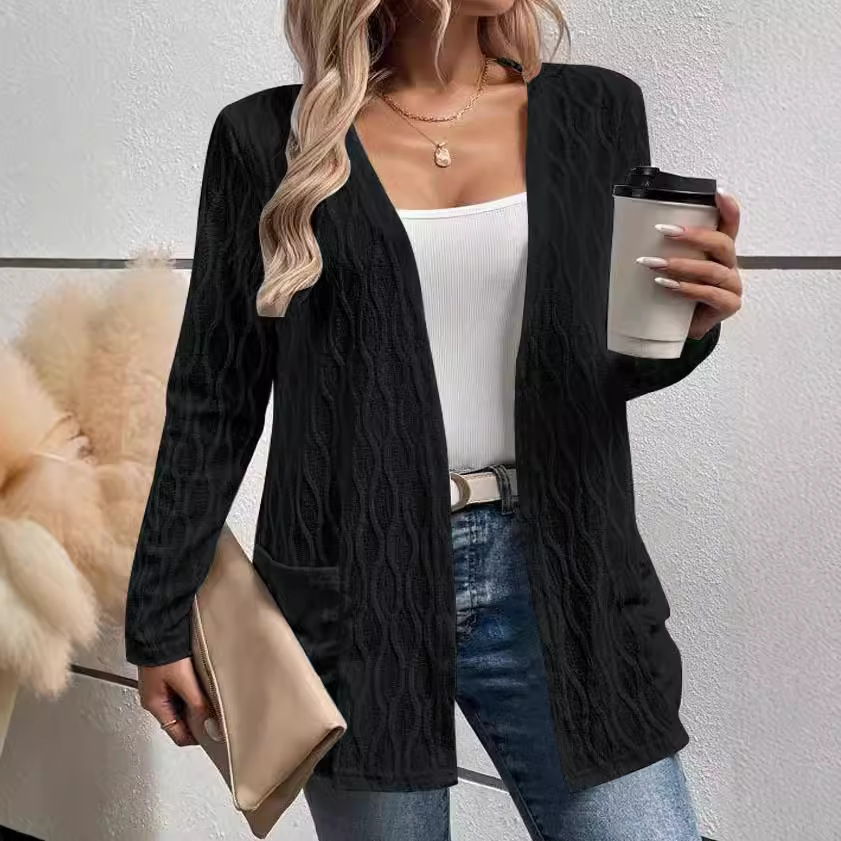 Women's Open-Front Knit Cardigan Long Sleeve Hollow-Out Solid Color