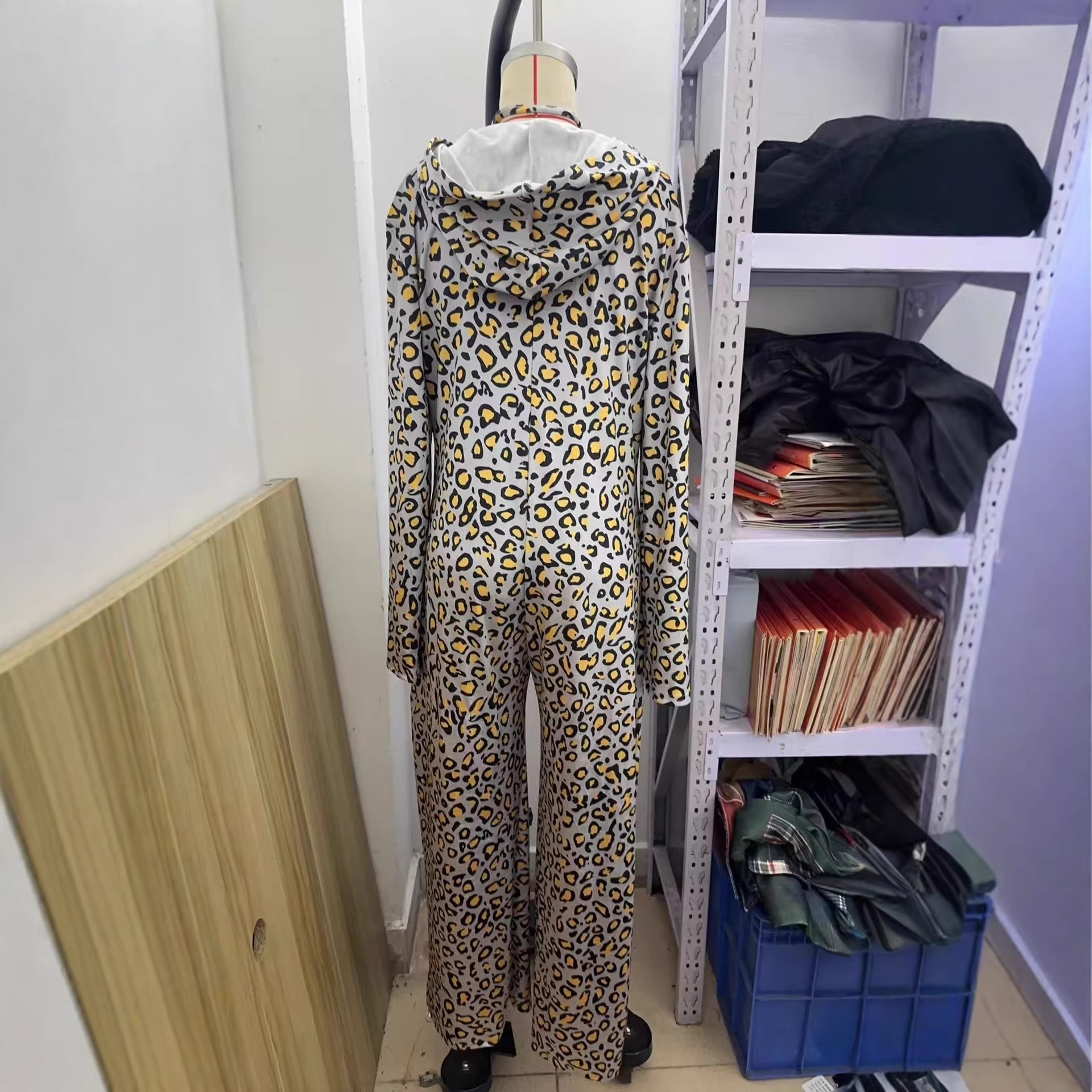 Gold Velvet Leopard Print Hooded Wide-Leg Jumpsuit