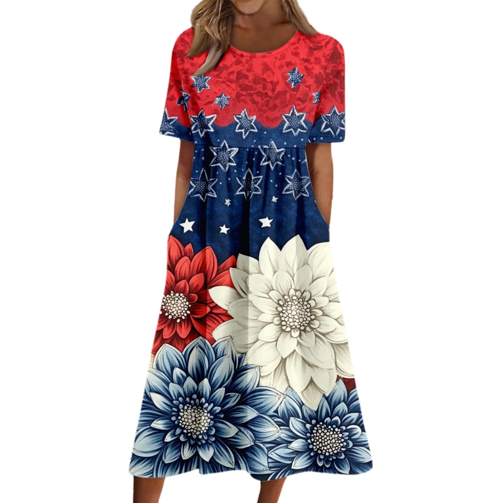 Women's Star Floral Print Ruched Midi Dress Short Sleeve Crew Neck