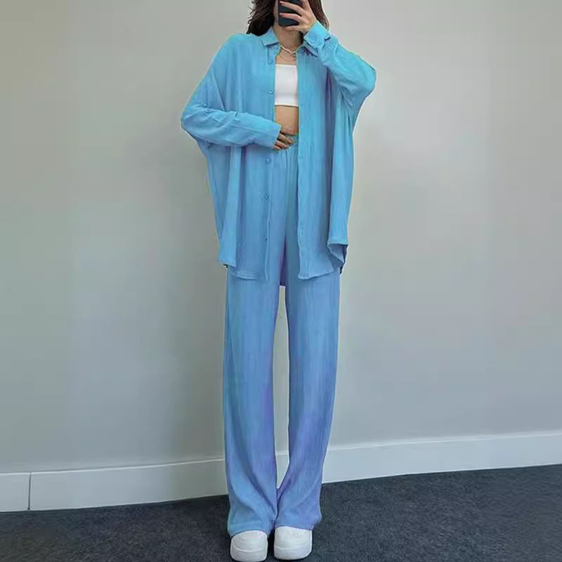 Women's Loose Stretch Crinkle Long Sleeve Shirt & Wide Leg Pants Casual 2-Piece Set
