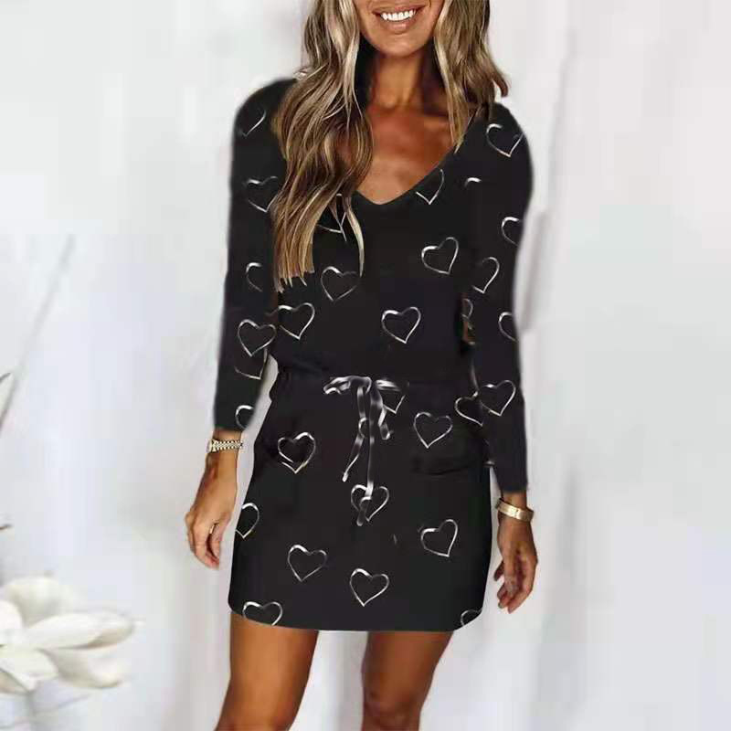 Women's Floral Print V-Neck Long Sleeve Dress with Pockets and Tie