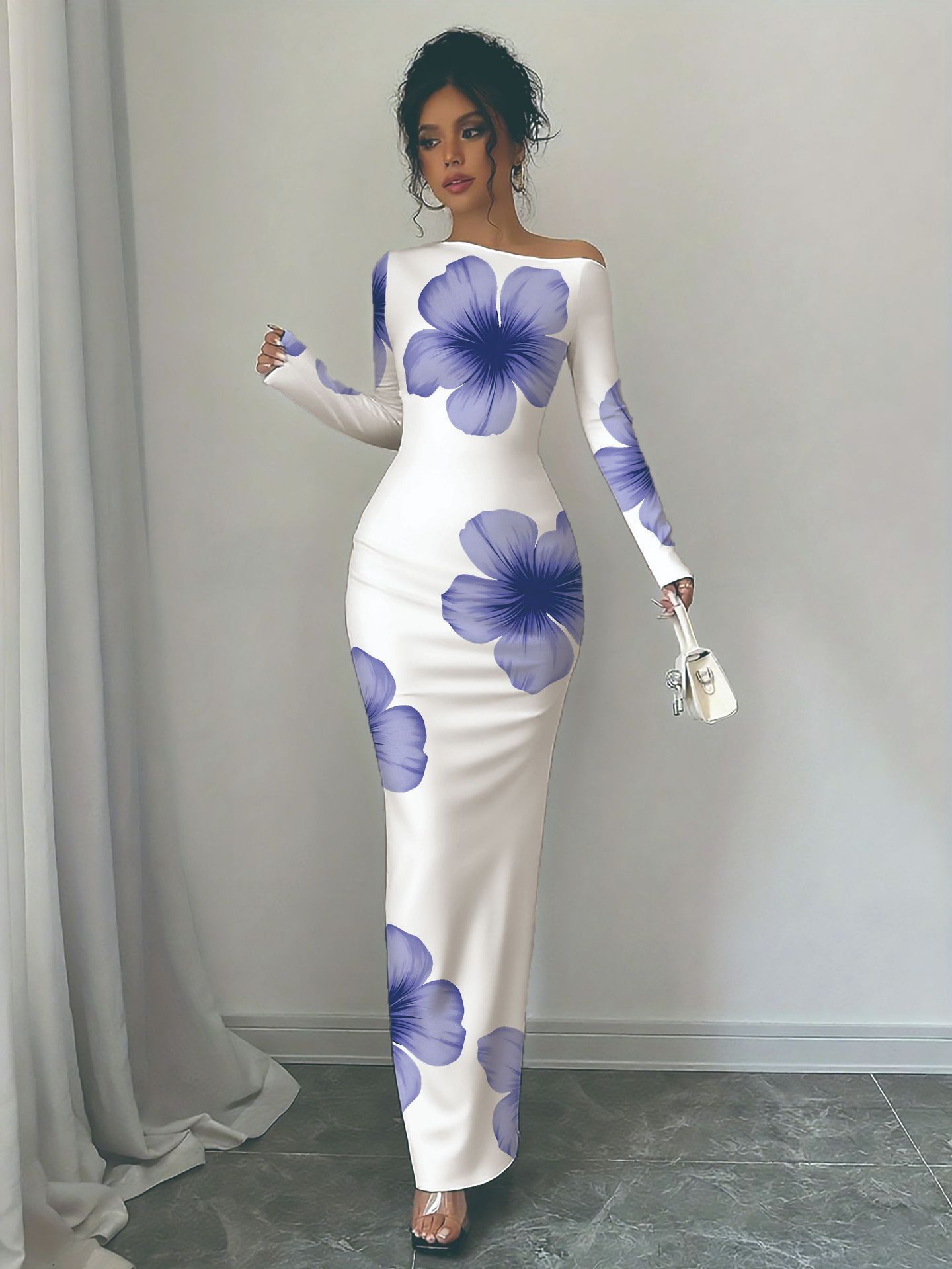 Off-Shoulder Floral Print Bodycon Long Dress