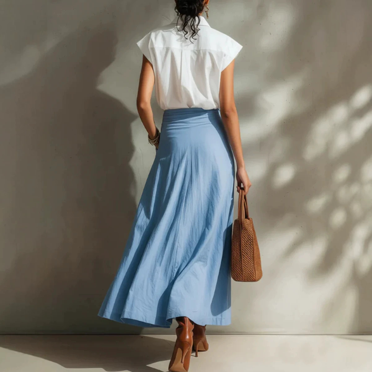 Polo Collar Cotton-Linen Shirt and Skirt Two-Piece Set