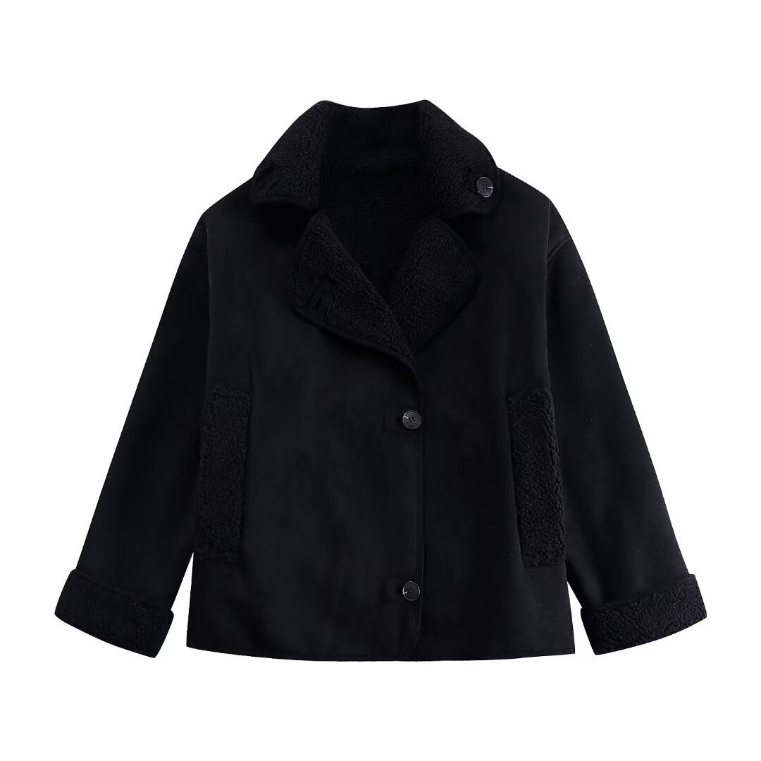 Faux Fur & Leather Baseball Jacket with Lapel Collar
