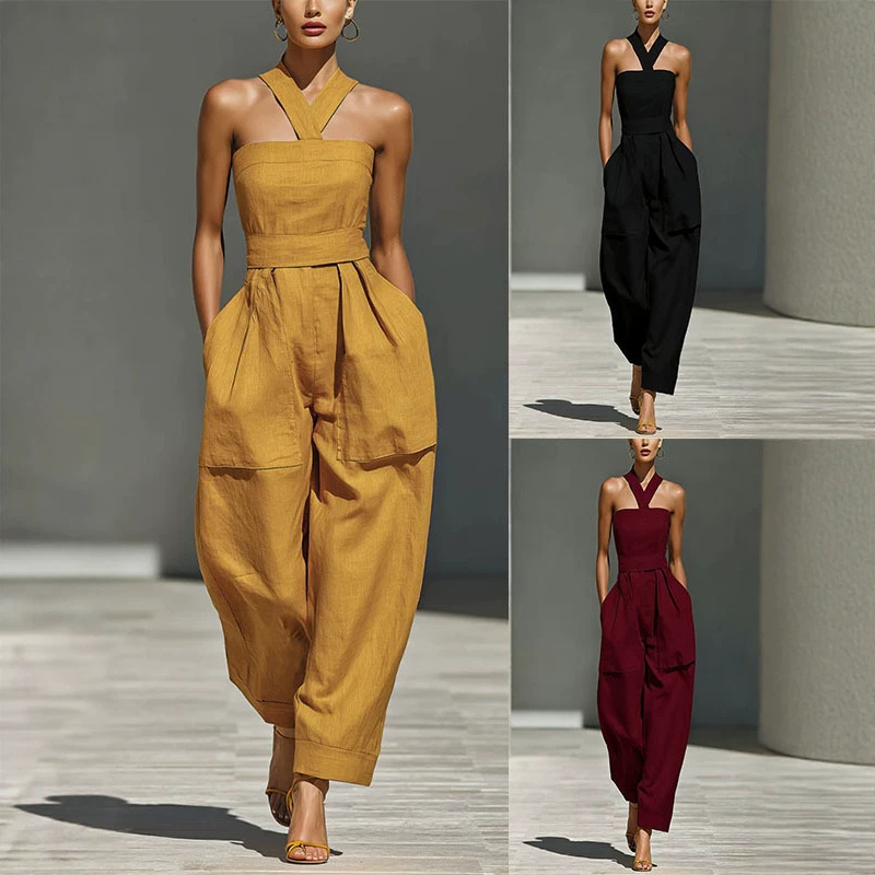Linen-Blend Cross Halter Neck Loose Women's Jumpsuit