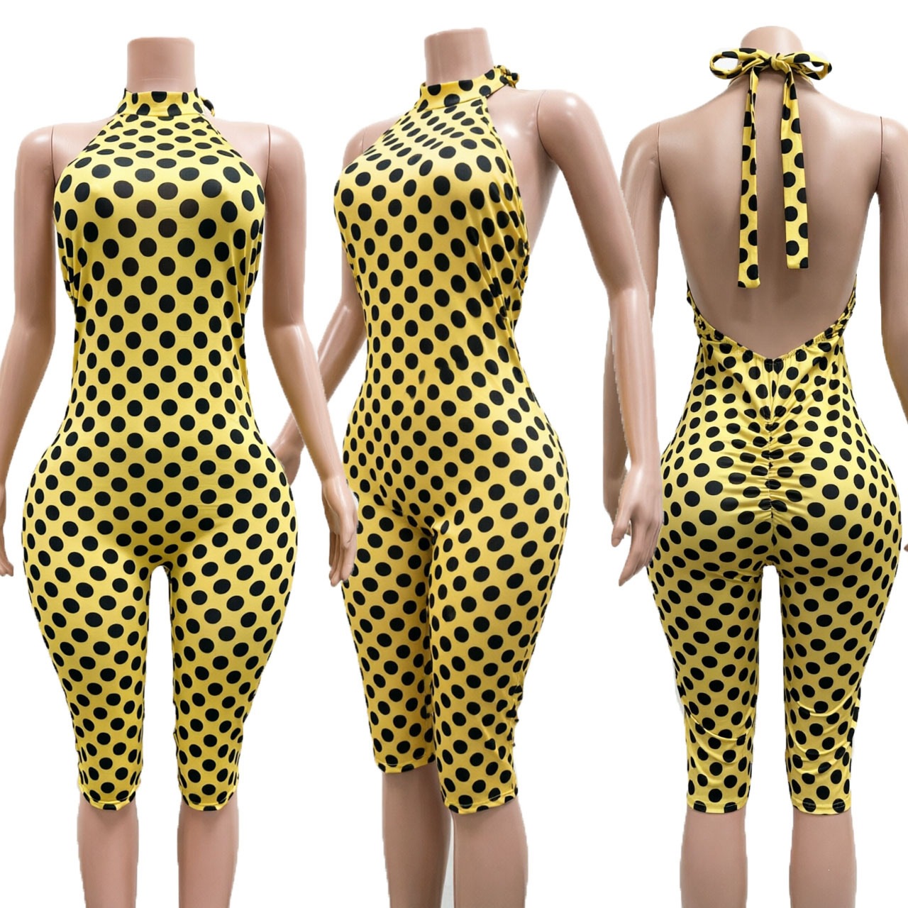 Polka Dot Print Halter Backless Slim Fit Women's Jumpsuit