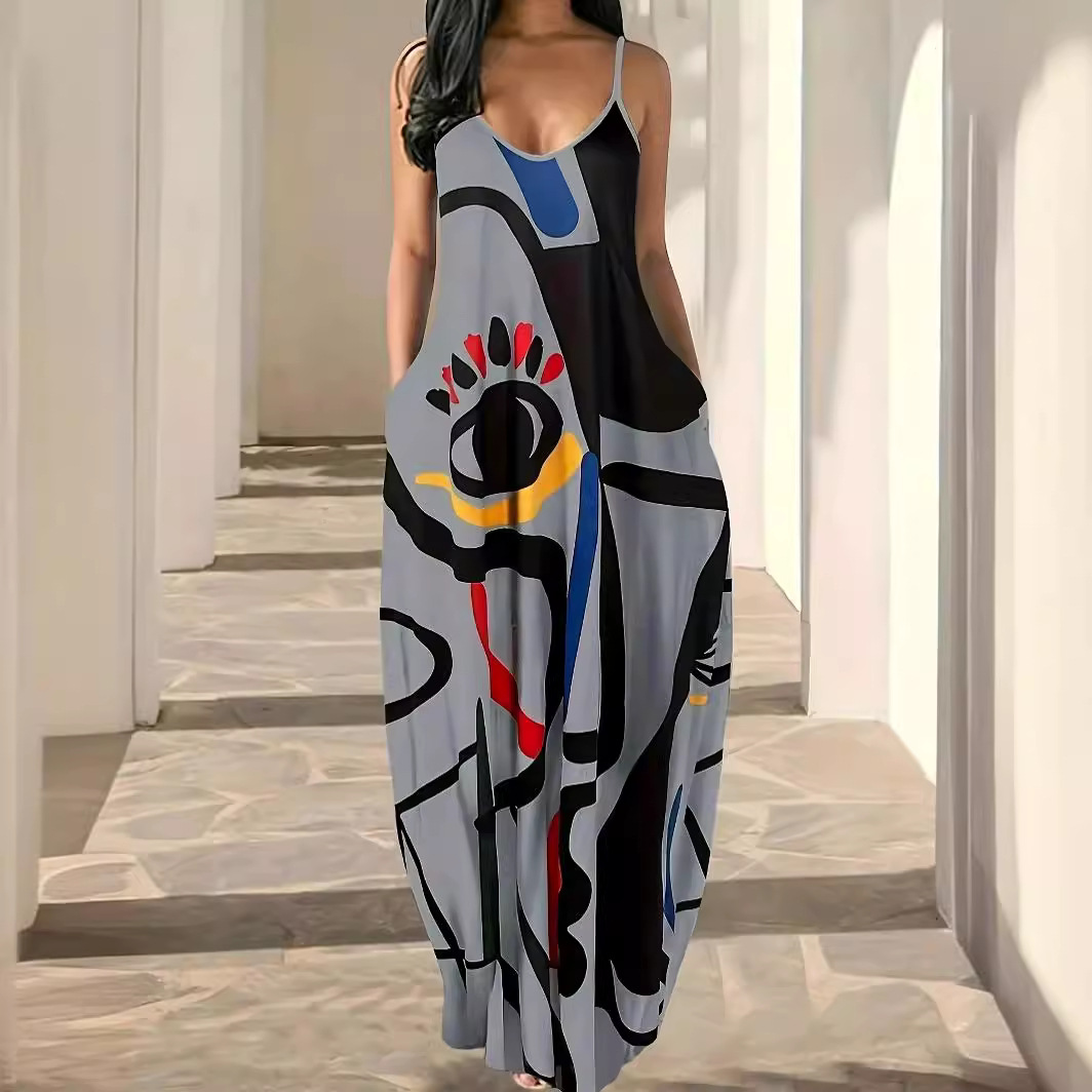 Abstract Face Print Sleeveless Maxi Dress