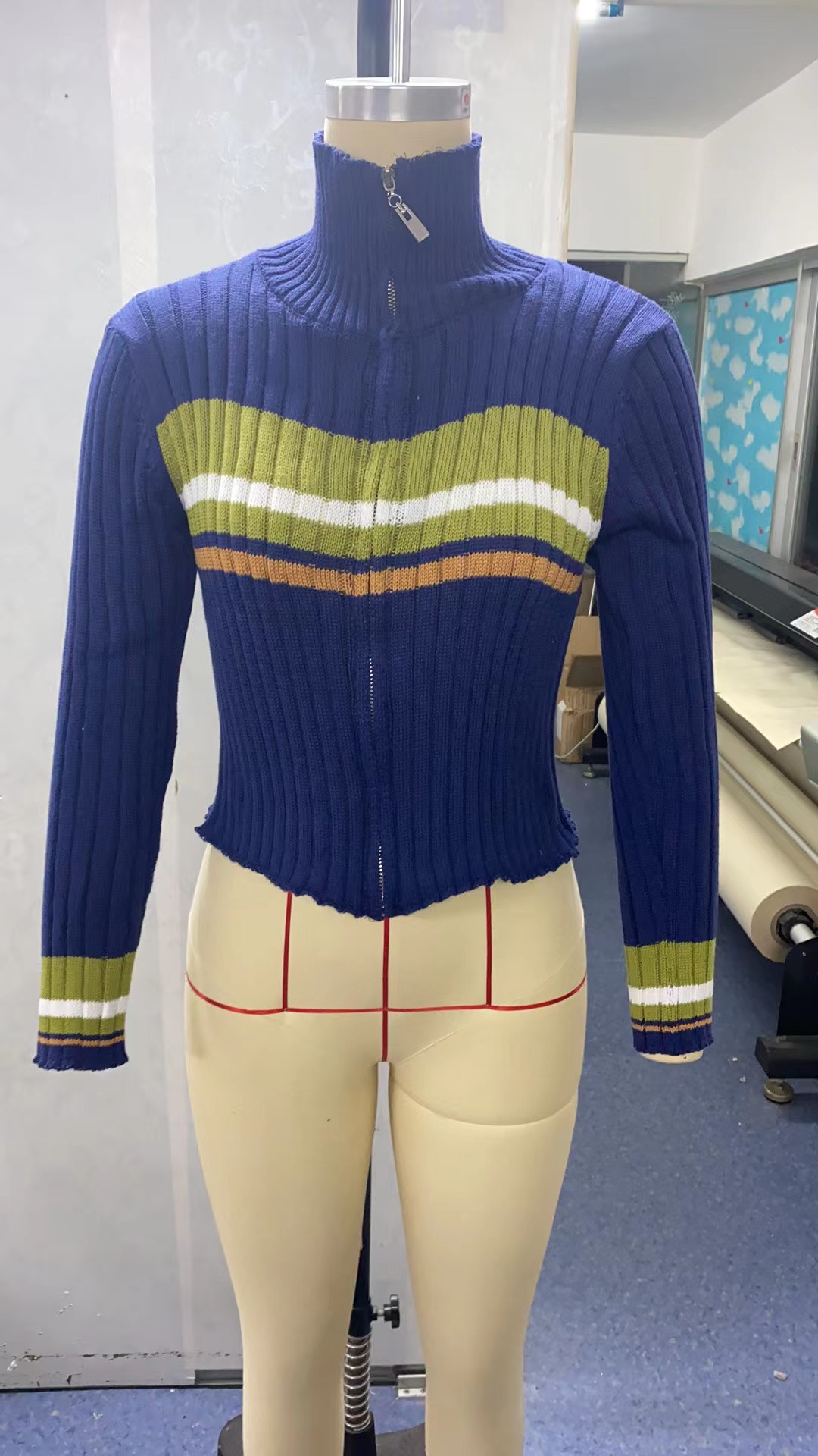 Color-Block V-Neck Zip-Up Cardigan